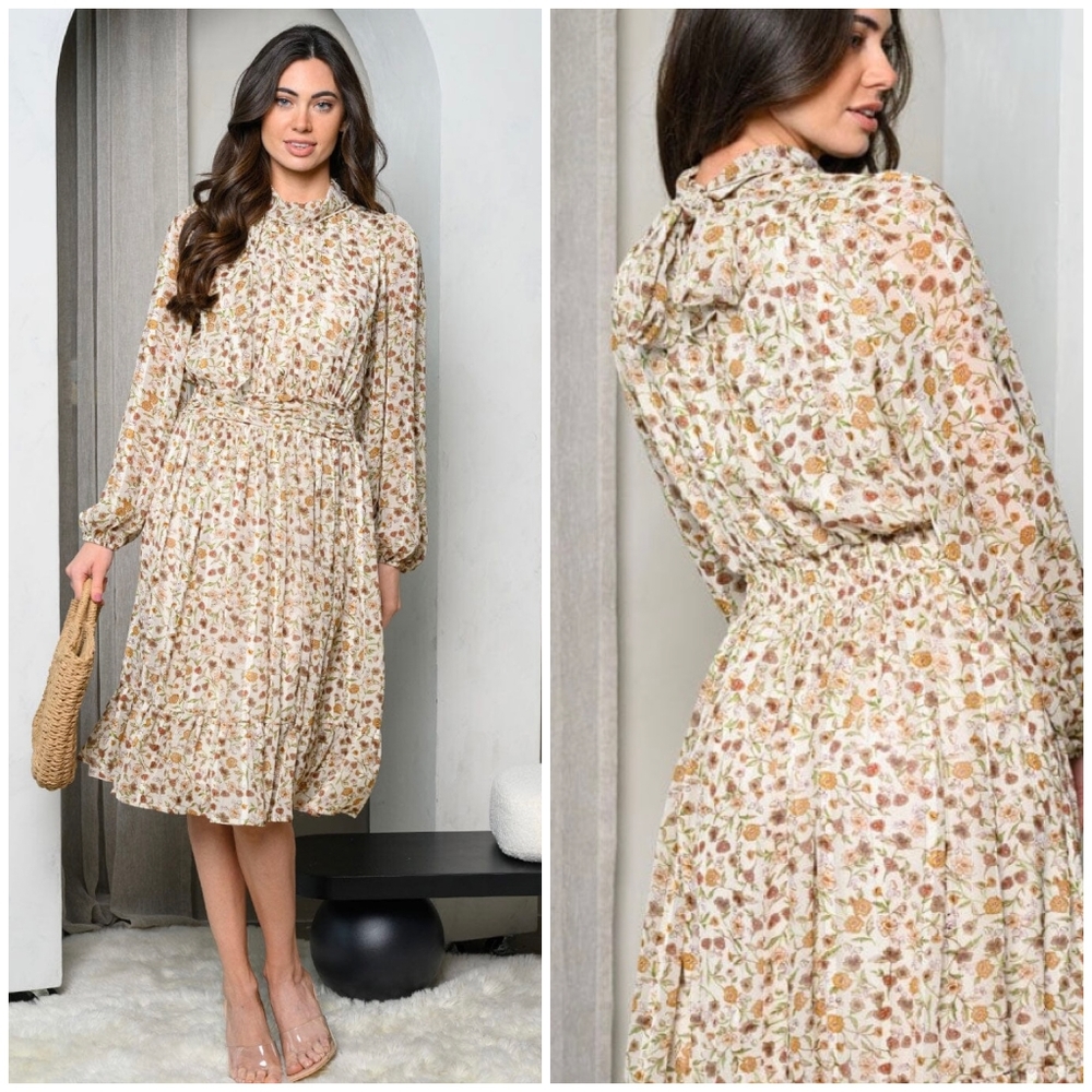 POLAGRAM Beige Floral Long Sleeves Mock Neck Midi Dress - Picture 5 of 5